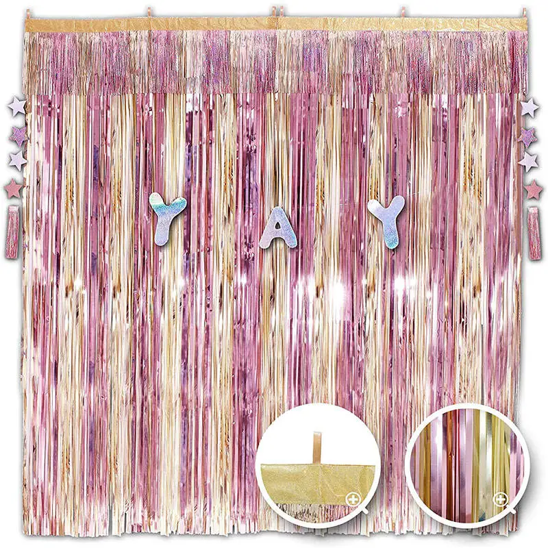 Birthday Party Backdrop Decoration Pink Star Window Door Tinsel Foil Fringe Curtains