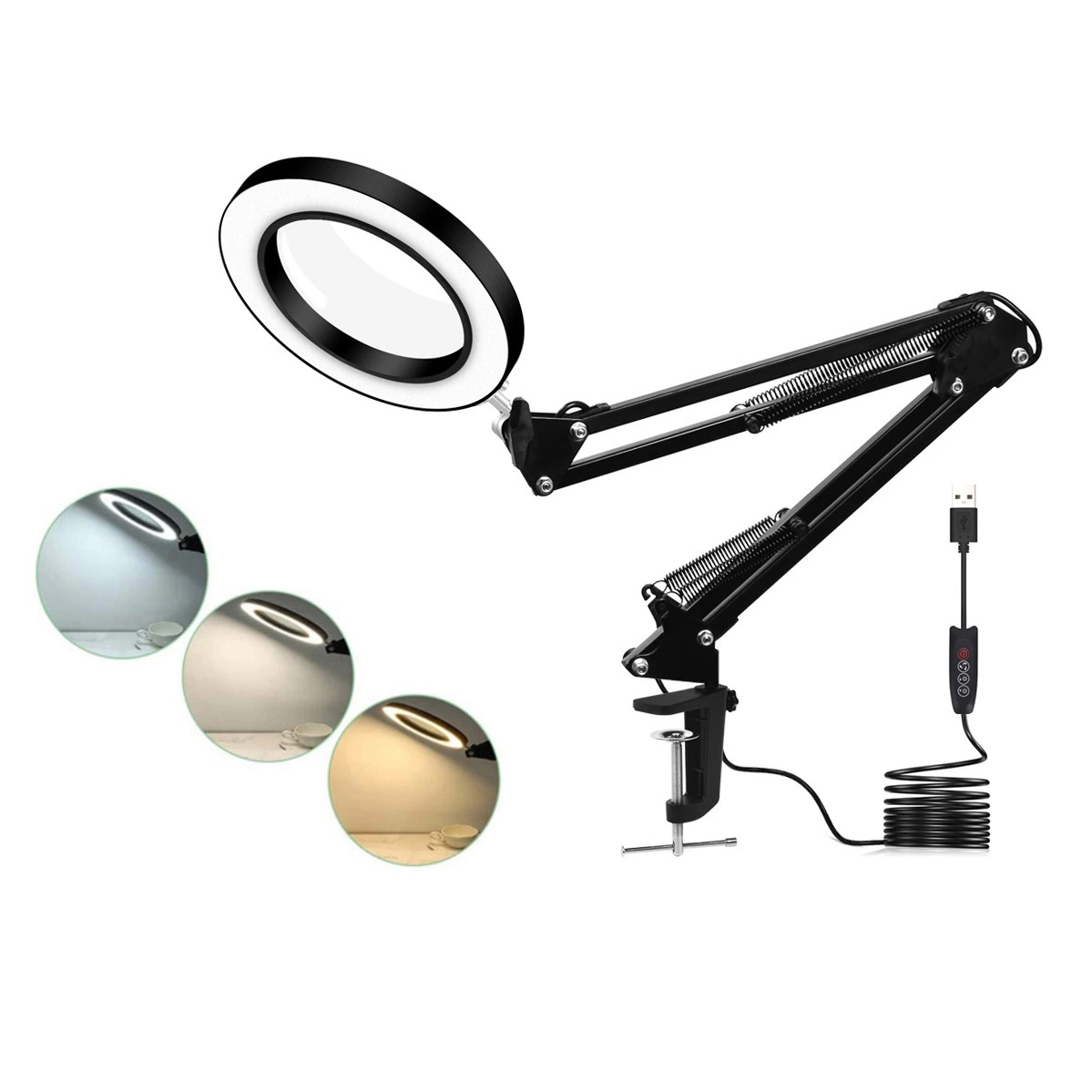 USB Desktop Magnifier Lamp LED Working Lamp Dimmable Clamp Beauty Inspection Lamp