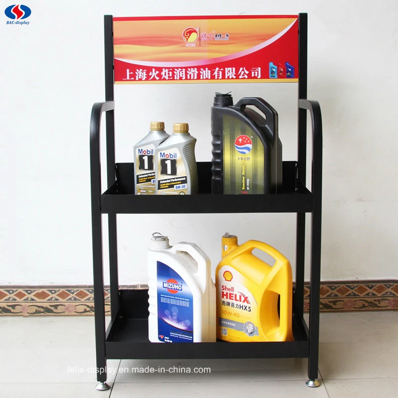 China Wholesale Banding Logo Printing Metal Shelf Display Stand with Wheels Engine Oil Bottle Rack