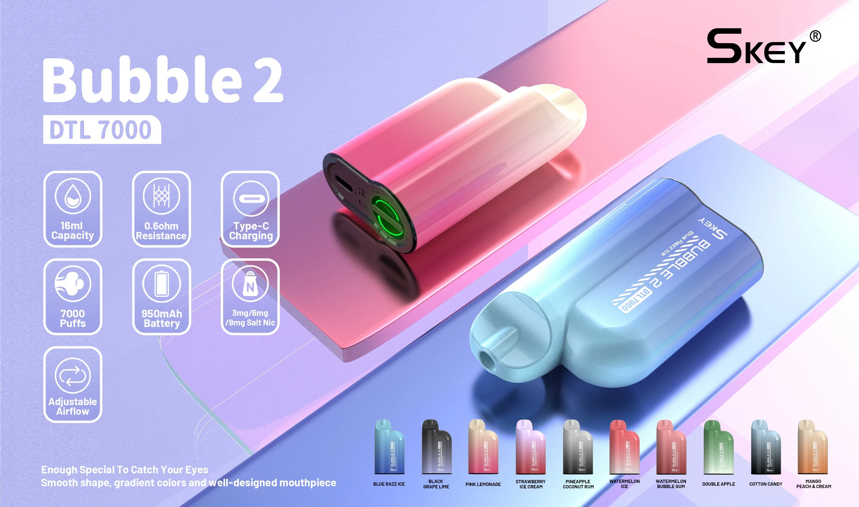 Sme Bubbl2 Dtl 7000 Puffs Vape Disposable/Chargeable Pod مع MTL/DL التحكم في تدفق الهواء 3 ملغ 6 ملغ 9 ملغ ململح نيكوتين vape