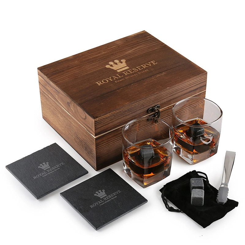 Premium Whisky Gift Set Wine Box with 2 Large Whiskey Cups / 8 Whiskey Stones / Pliers / Velvet