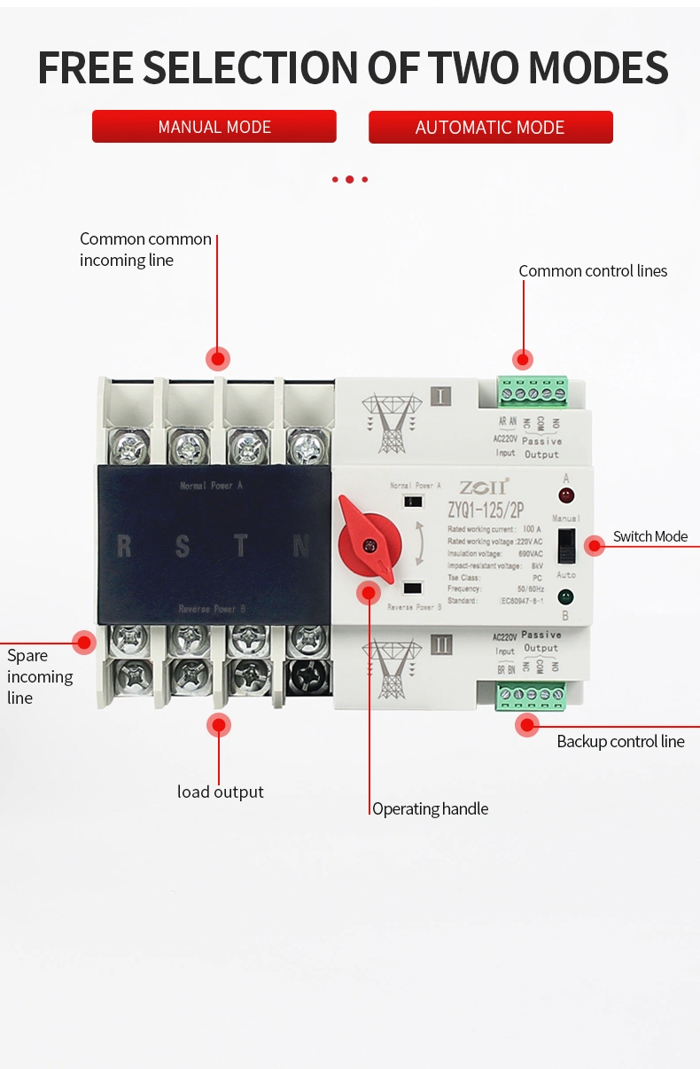 Interruptor de cambio automático de doble alimentación ininterrumpida 2P 3P 4P AC 220V 63A 100un conmutador de transferencia de 125A ETA para el inversor solar