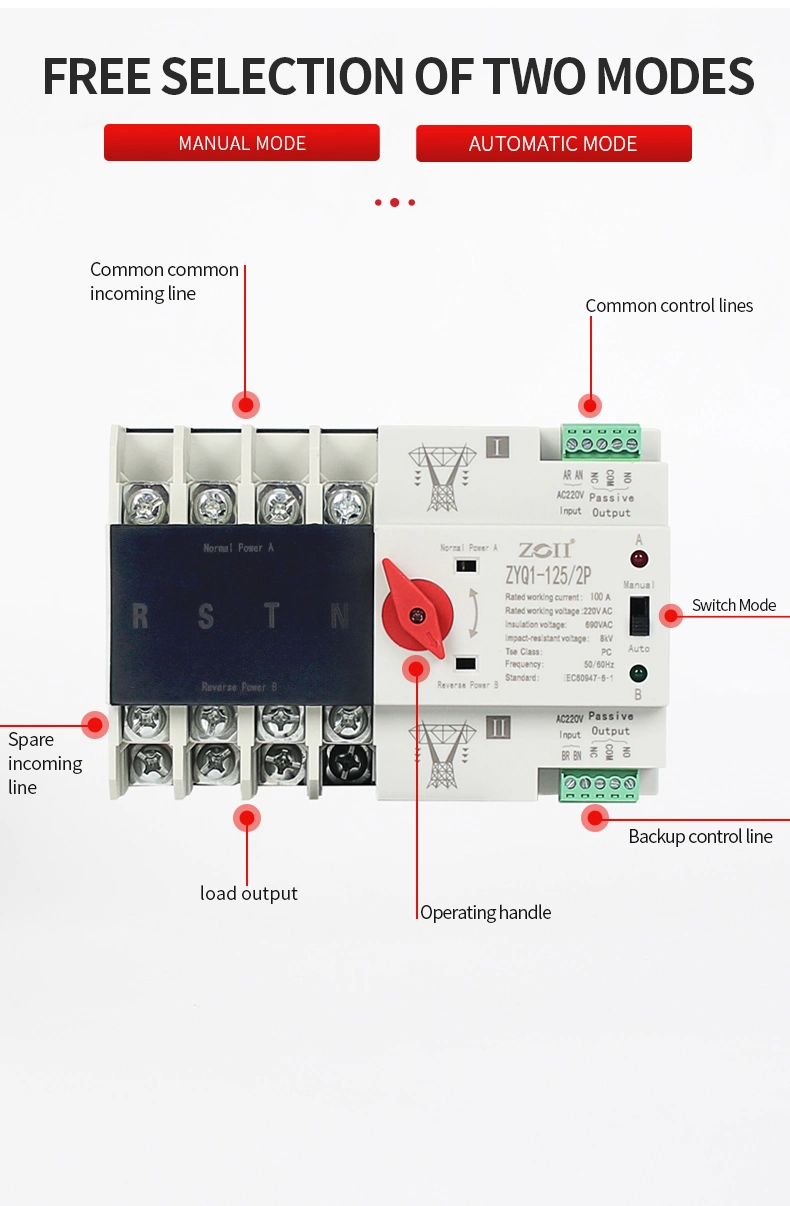 Automatic Changeover Switch Uninterruptible Dual Power 2p 3p 4p AC 220V 63A 100A 125A Transfer Switch ATS for Solar Inverter