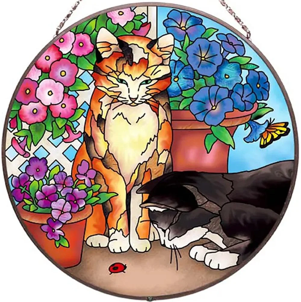 Acever handgefertigte Glasmalerei Suncatcher Home Garten Dekor Katzen und Marienkäfer