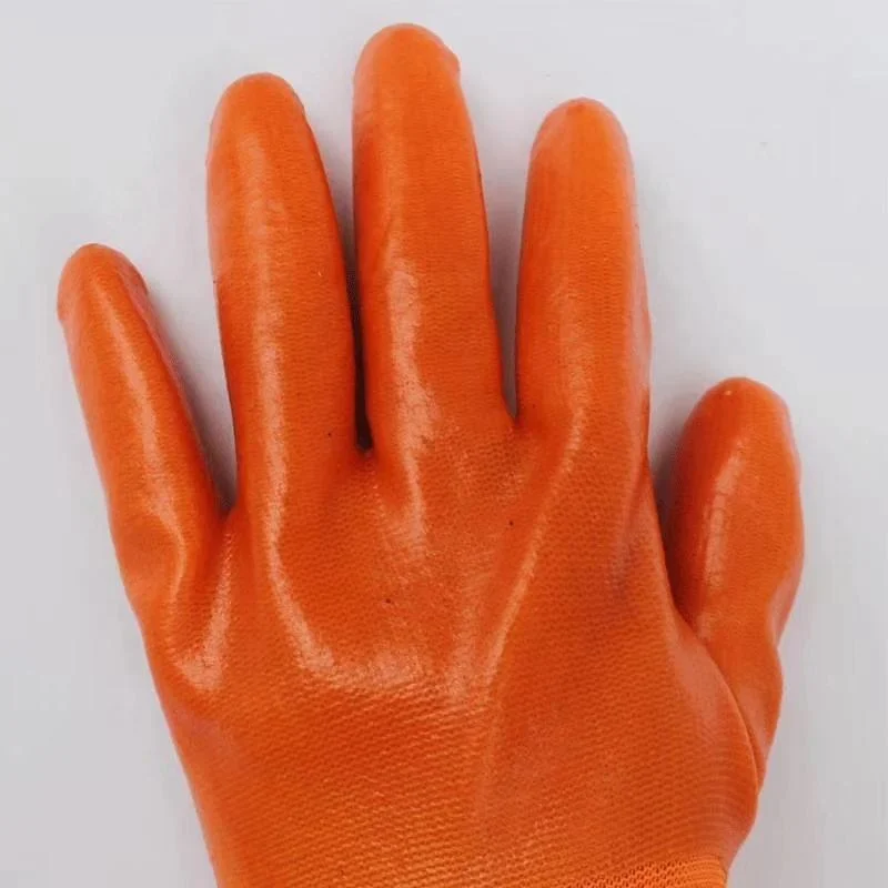 Breathable Orange Nylon Coated Full PVC Waterproof Protect Hands Construction Latex Gloves