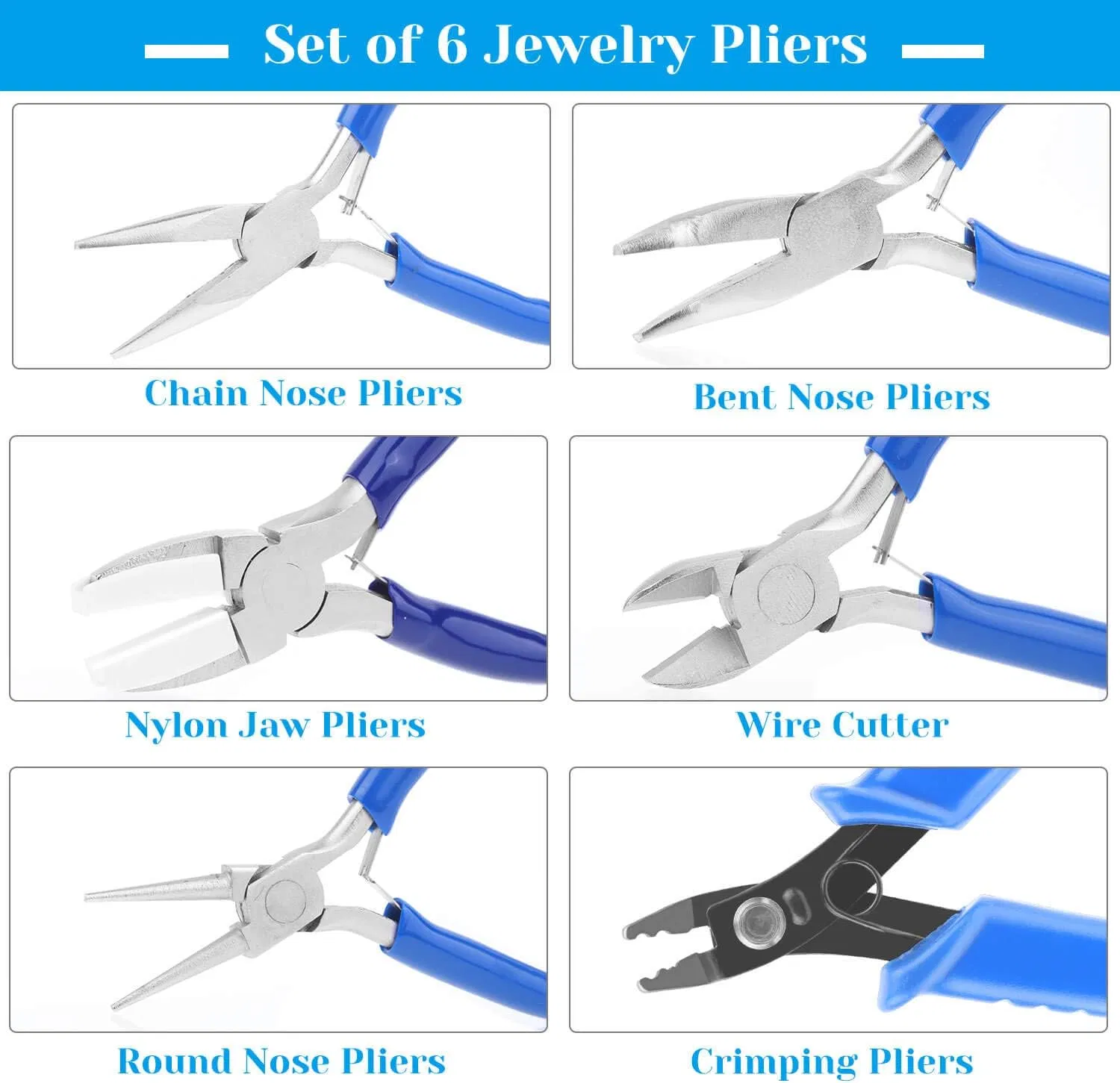 6PCS Jewelry Making Pliers Set with Needle Nose Pliers/Chain Nose Pliers, Round Nose Pliers, Nylon Jaw Pliers, Wire Cutter, Bent Nose Pliers