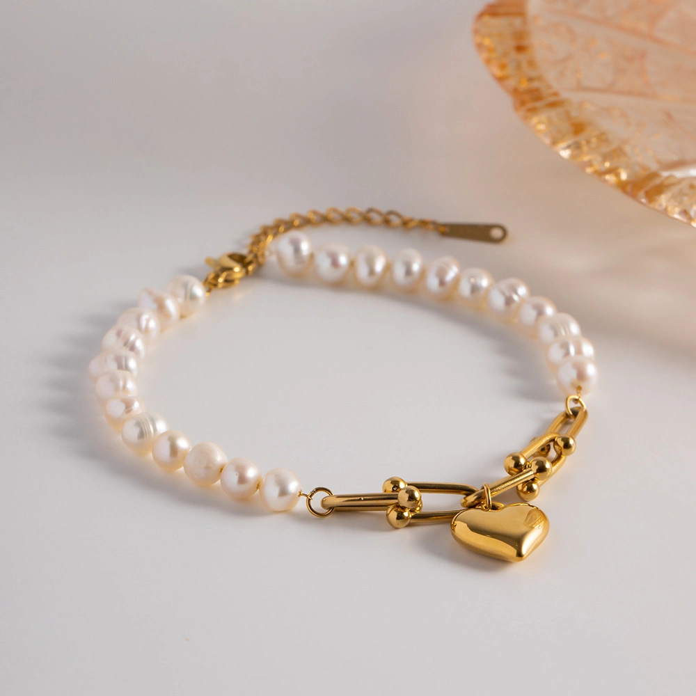 Fashion 18K Gold Plated Stainless Steel U Shaped Horseshoe Chain Link Pearl Heart Charm Bangles Bracelets Jewelry for Women