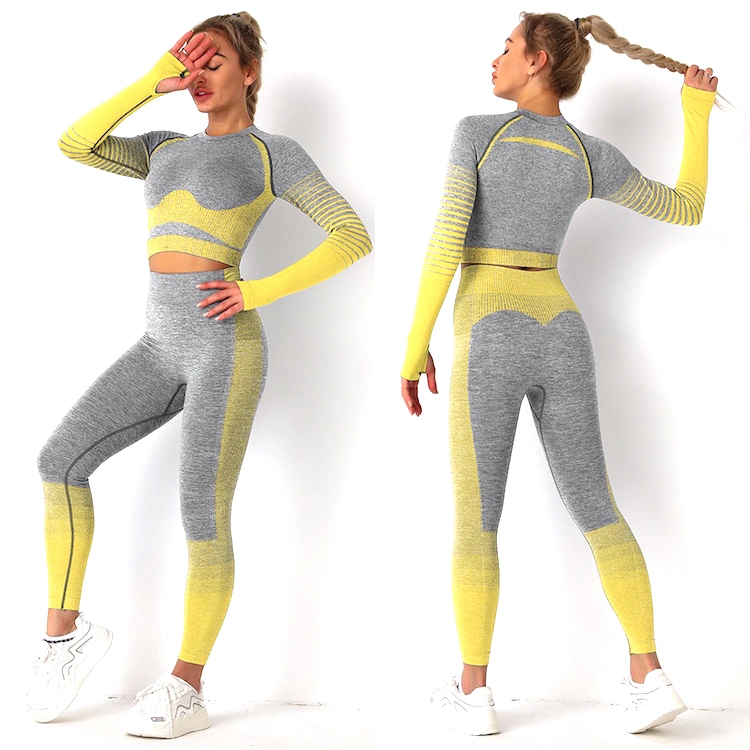 Hot Fashion Gray + Gradient Stripes Long Sleeve Seamless Gym Sports Wear for Female, Custom Sexy Activewear Butt Lift Leggings and Crop Top Running Sweat Suit