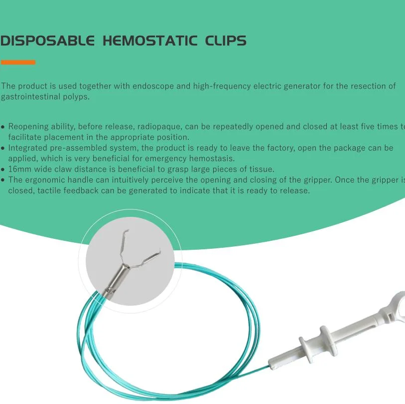 Estéril de médicos de uso individual hemostático Clip puede girarse y maleable Hemoclips OEM aceptó la apertura de 11 mm.