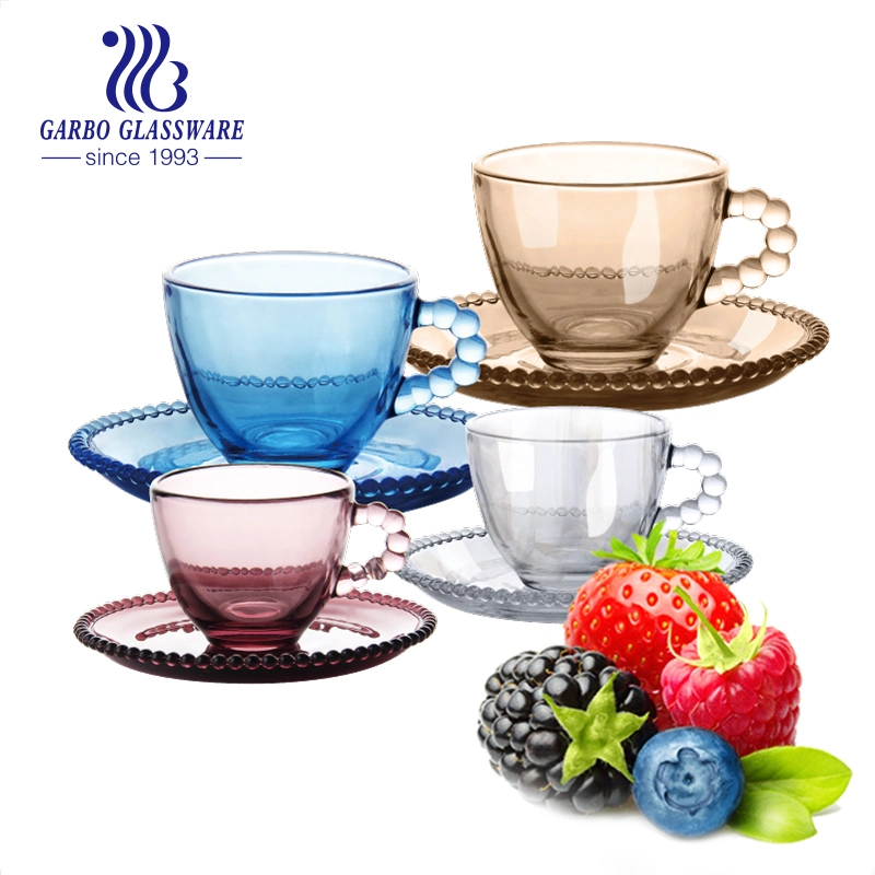 High-Quality Turkey Colored Luxury Glass Coffee Espresso Milk Mug Cup Saucer Set with Engraved DOT Handle for Office After-Lunch Time