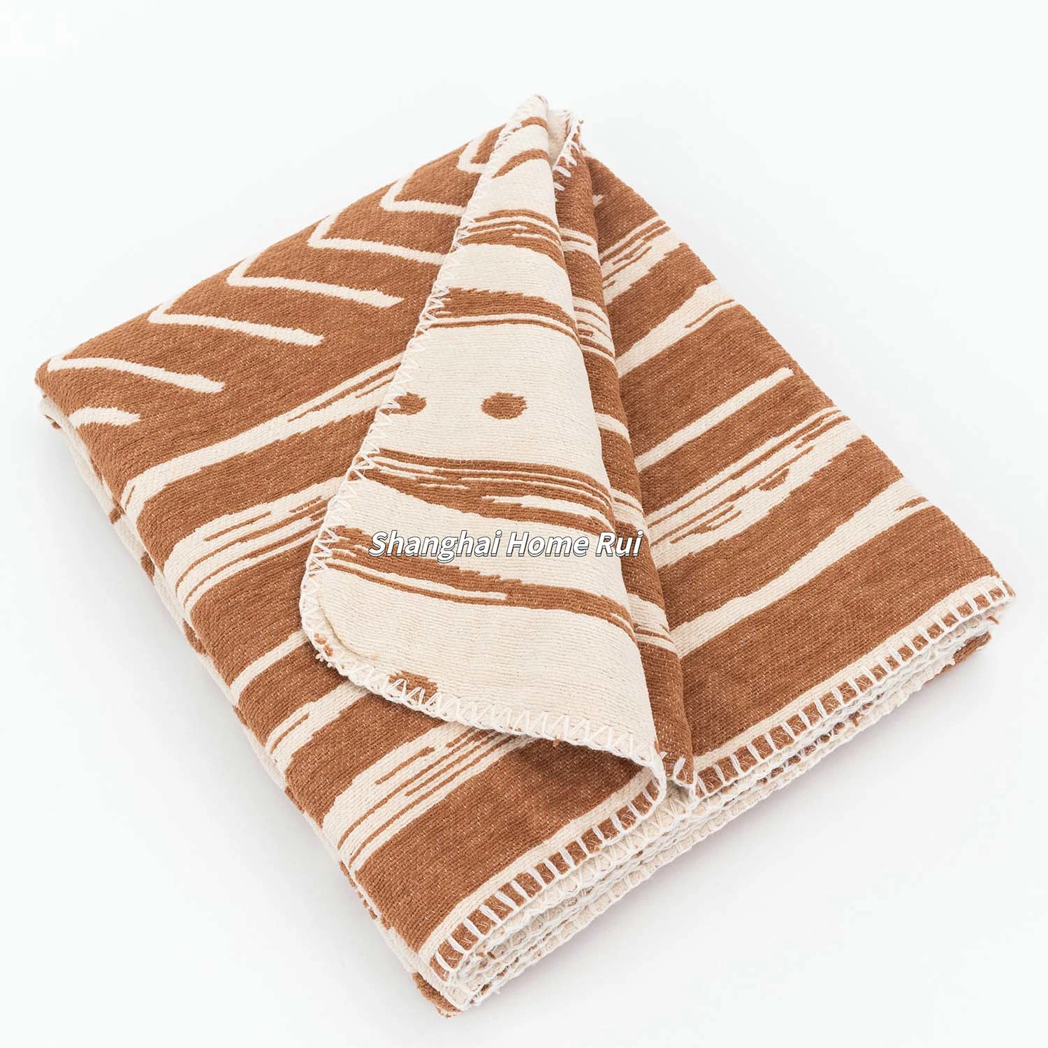 Home Outdoor Travel Bed Sofa Car Soft Warm Camel Brown Overlocked Edge Two Sides Geometric Jacquard Throw Blanket Cover