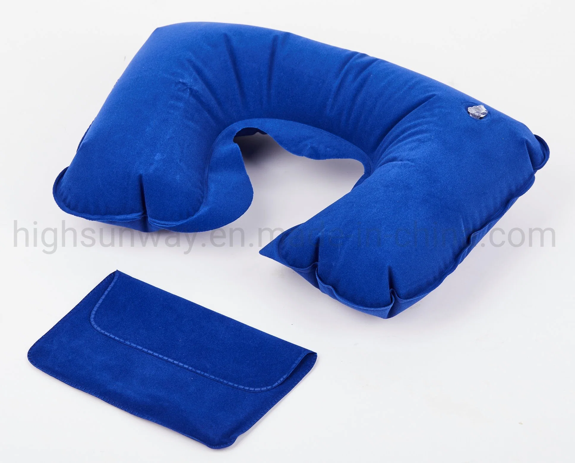 Promotional Gift Inflatable Flocked PVC Air Travel Pillow with Pouch