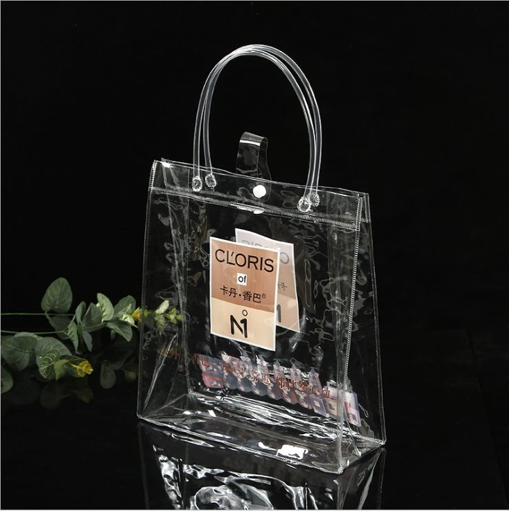 شعار PVC الشفاف مطبوع على مقبض تسوق الهدايا حقيبة التجميل