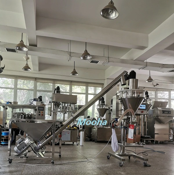 Machine de remplissage de sachets préfabriqués de poudre de lavage semi-automatique pour lait protéiné, épices et détergent avec pédale.