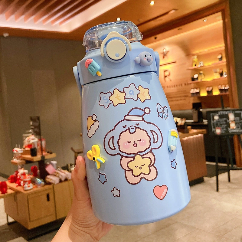 Hot Selling Children&prime; S Thermoses Portable Student 1100ml Outdoor Large Capacity Milk Tea Cute Cartoon Stainless Steel Vacuum