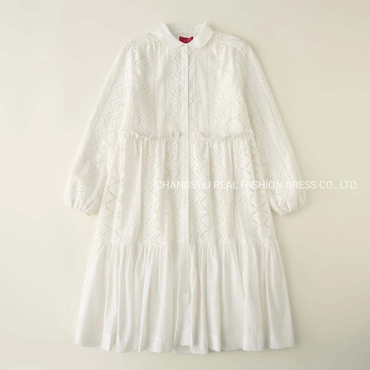 Girl Kids White Woven Embroidery Dress Clothes with Front Button Placket
