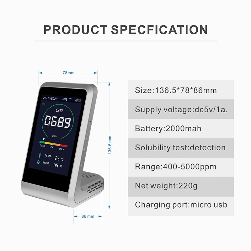 Air Quality CO2 Test Carbon Dioxide Meter Gas Detector Temperature Humidity Type-C Recharge CO2 Monitor Sensor CO2 Detection