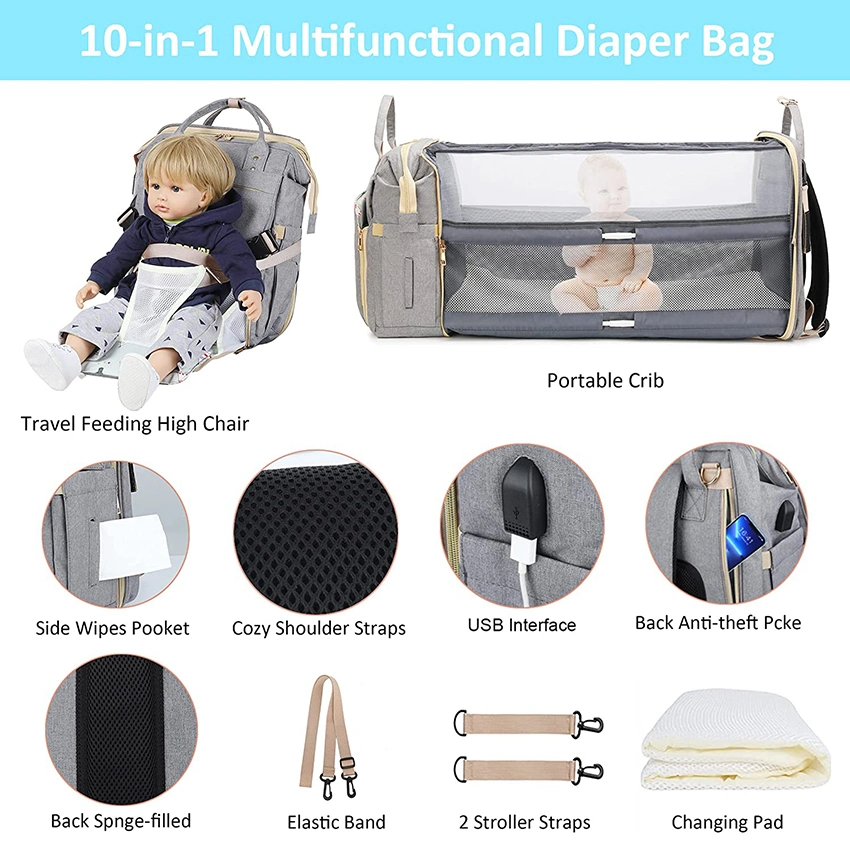 10 en 1 con el cambio de estación y de viaje portátil silla alta, Baby Shower regalos, bolsa de bebé multifuncional con mosquitero aislado de la bolsa de pañales de bolsillo mochila