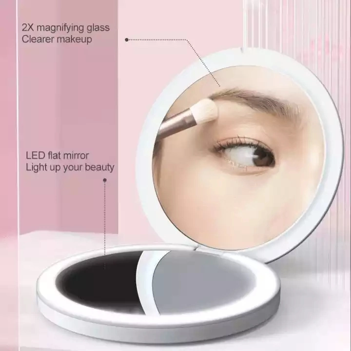 Mini LED Makeup Double Sides Foldable Cosmetic Mirror with Light Portable Handheld Luminous Mirror Small Mirror Gift