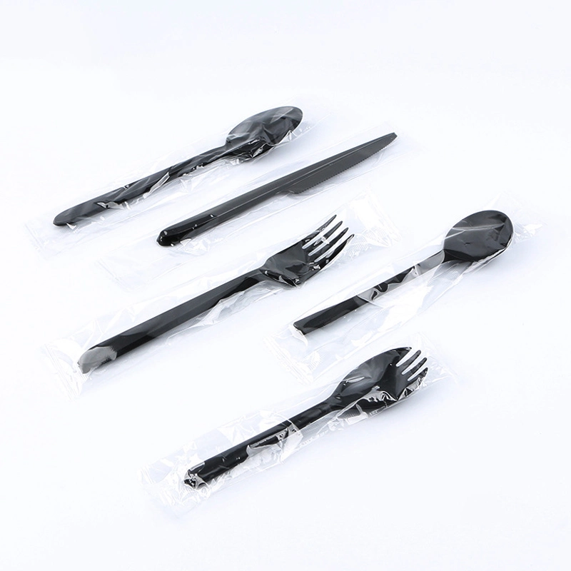 Disposable Plastic Cutlery Kit Napkin Salt&Pepper PS Black Fork and Spoon Travel Set