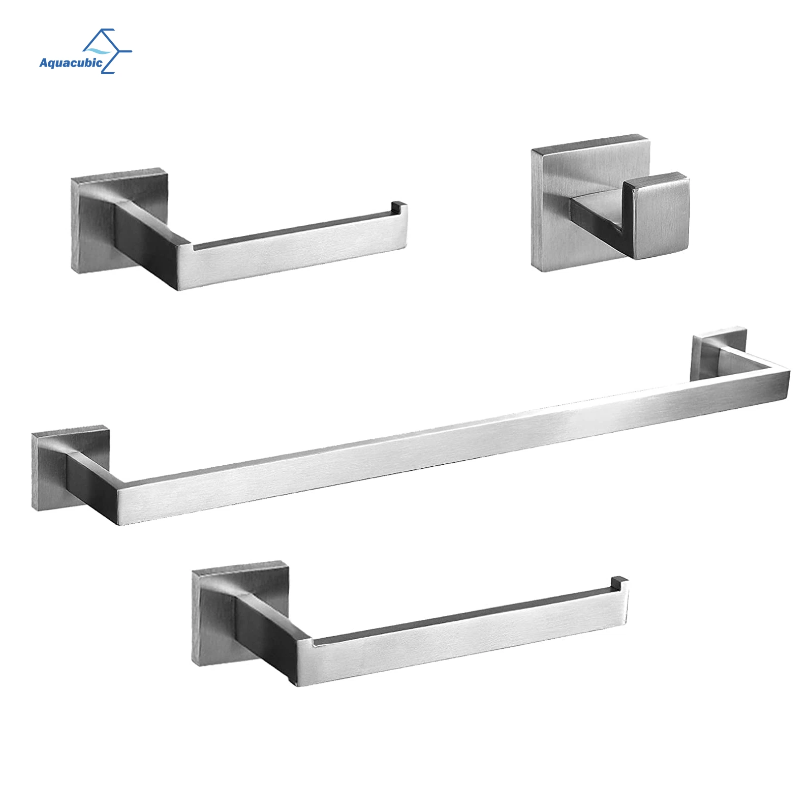 Aquacubic Square Stainless Steel 4 Piece Wall Mounted Brushed Nickel Bathroom Hardware Set Bathroom Accessories Set Towel Bar Kit