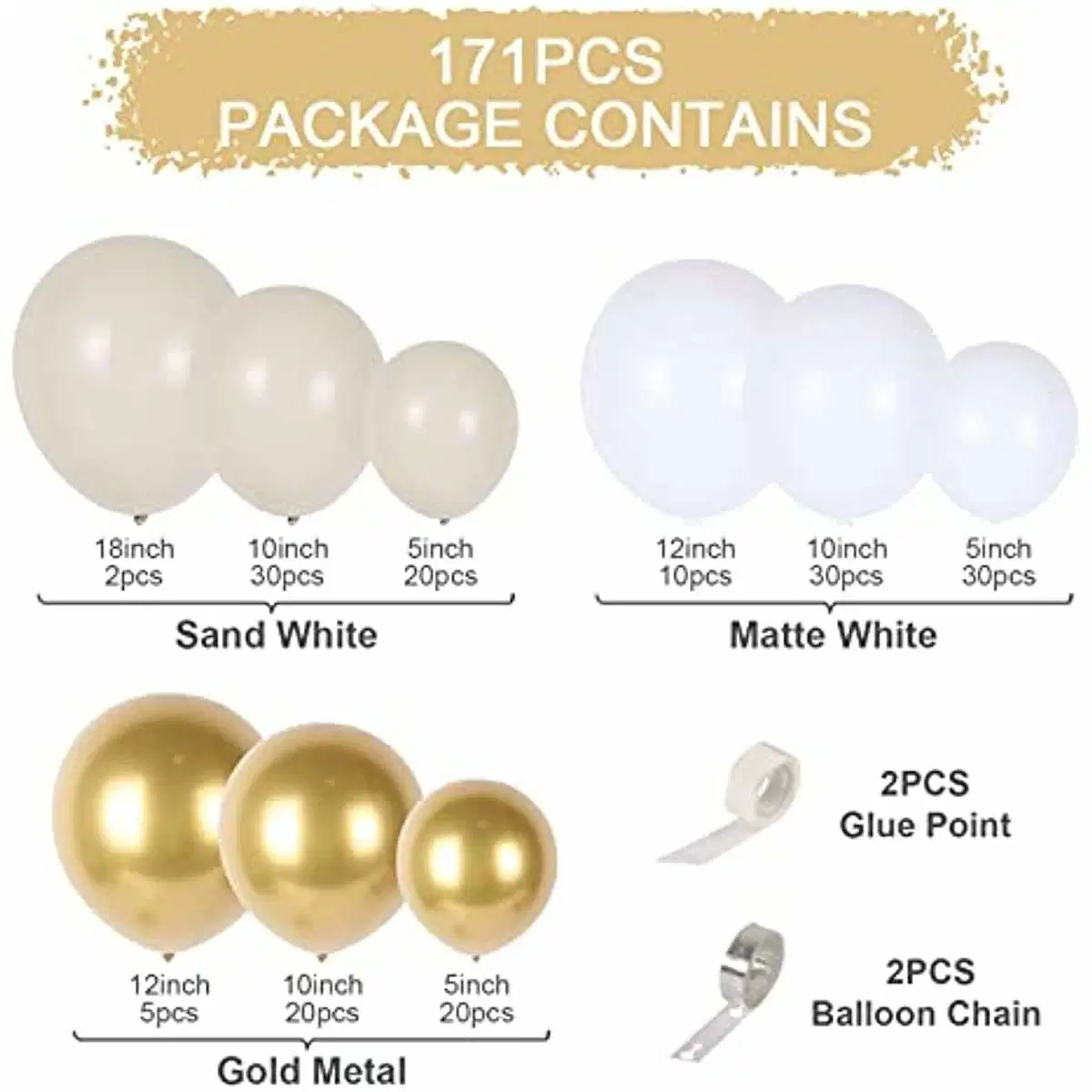 171 PCS White Latex Balloons Arch Kit Gold Metallic Balloon Garland Kit for Wedding Birthday Party Decorations