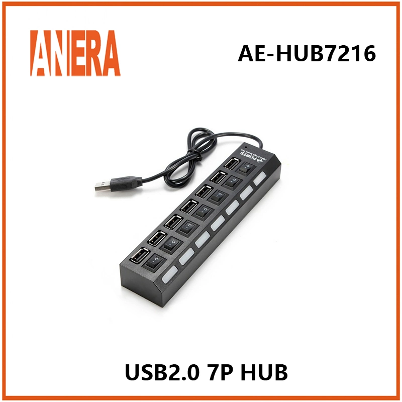 Anera Hub USB 2.0 à 7 ports mince et léger avec interrupteur individuel et câble de 45 cm, idéal pour ordinateur portable et PC.