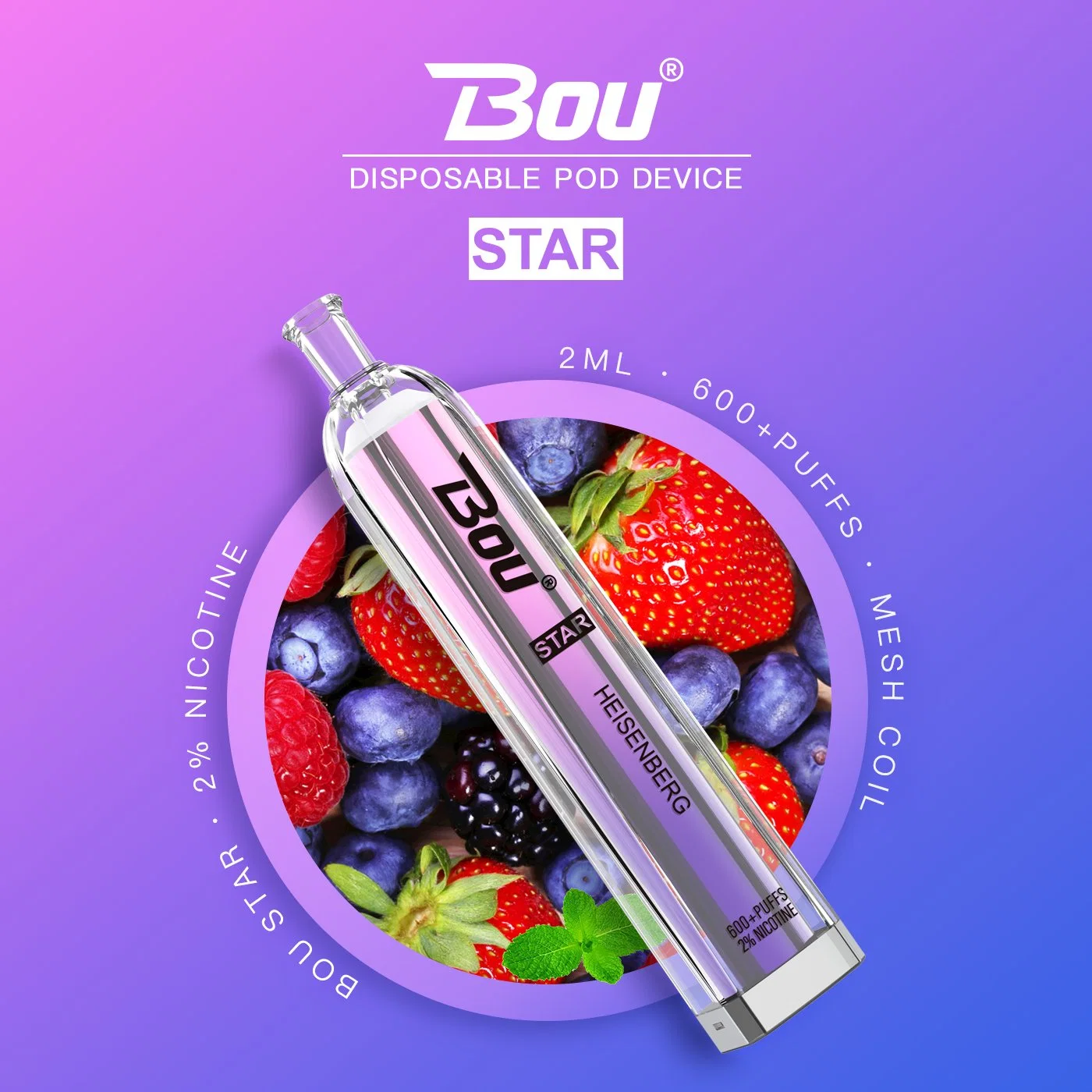 Bou Star 600 Puffs 2ml Disposable/Chargeable Pod Vape Pen Mini E Cigarette