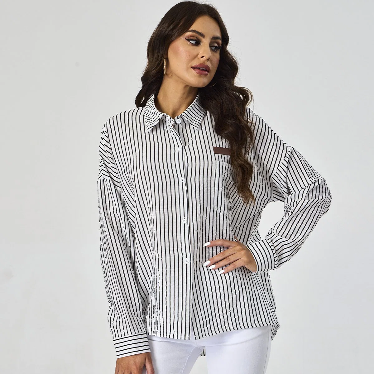 Custom Stripe Printing Collor Down Pocket Patch Casual Female Top Long Sleeve Women Shirts