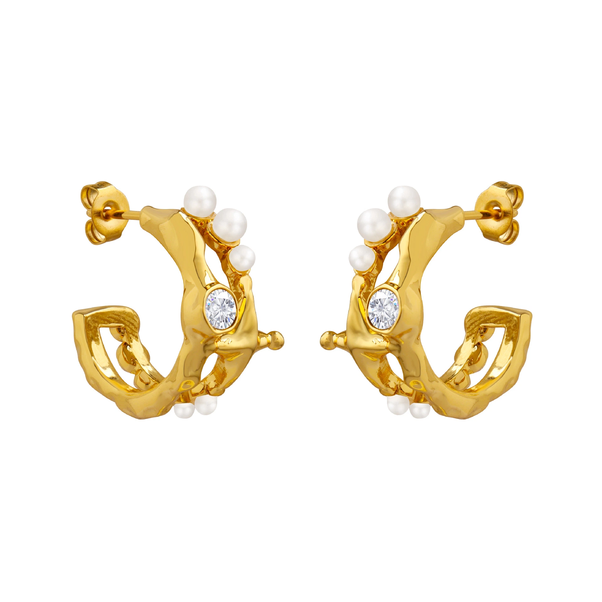 Copper Waterproof and Fadeless Brass Gold Plated Imitation Pearl Zircon Geometric Irregular C Shaped Stud Earrings Jewelry
