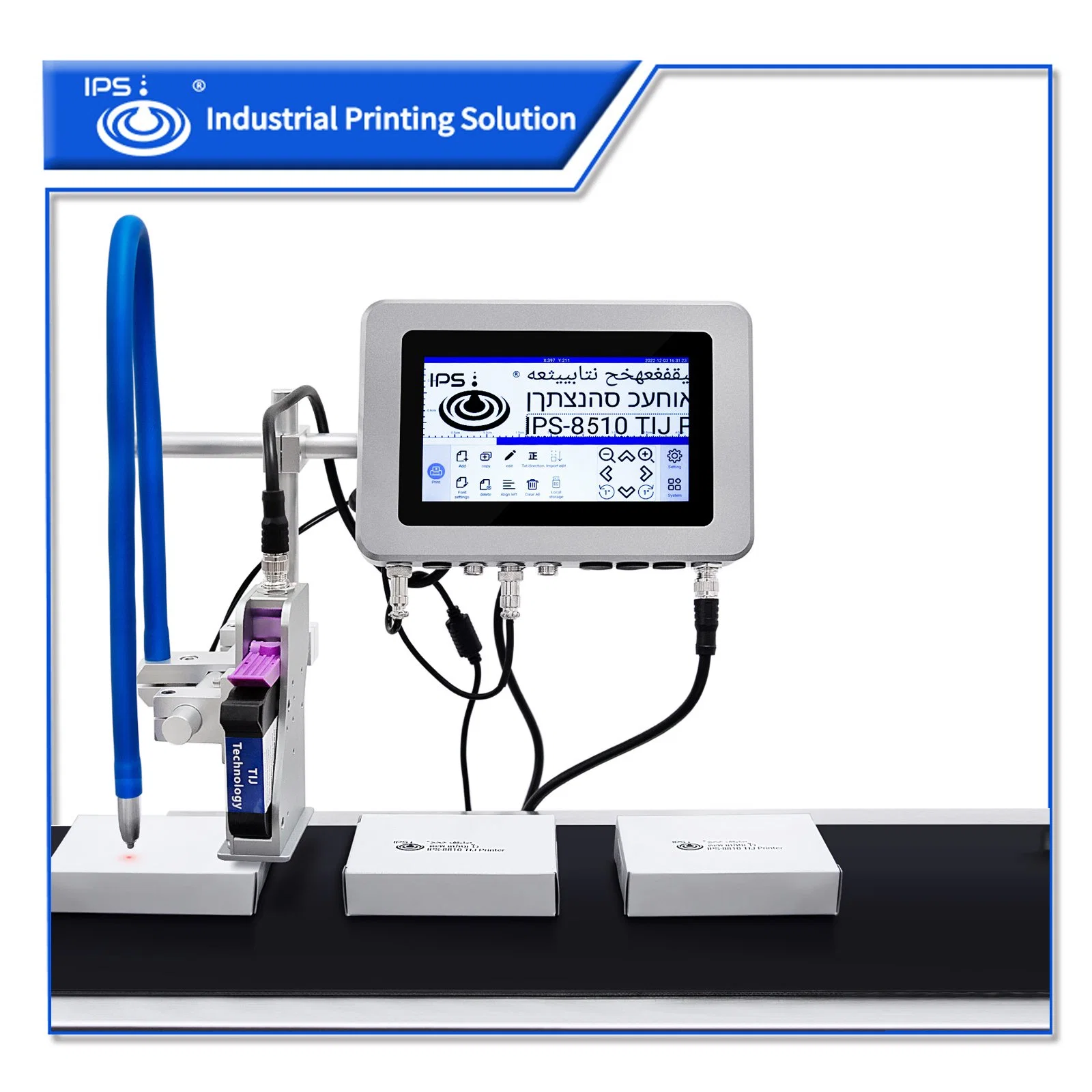 IPS-8530 Novo 38.1mm impressora jato de tinta térmica máquina de Codificação de TIJ plástico logotipo grande MFG Exp Data de Impressão on-line com o Tapete de transporte incluindo os cartuchos de tinta