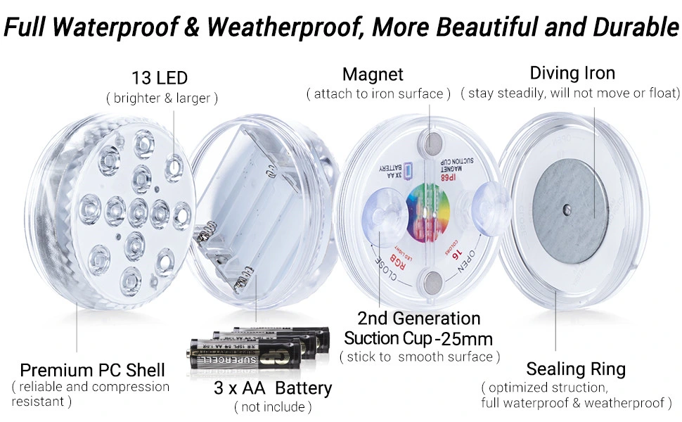 Las luces LED con imanes, aspiradores, 13 LED luces LED resistentes al agua bajo el agua con Control Remoto RF, accionado por batería de la luz de la decoración para la piscina,Estanque,piezas centrales,Foun