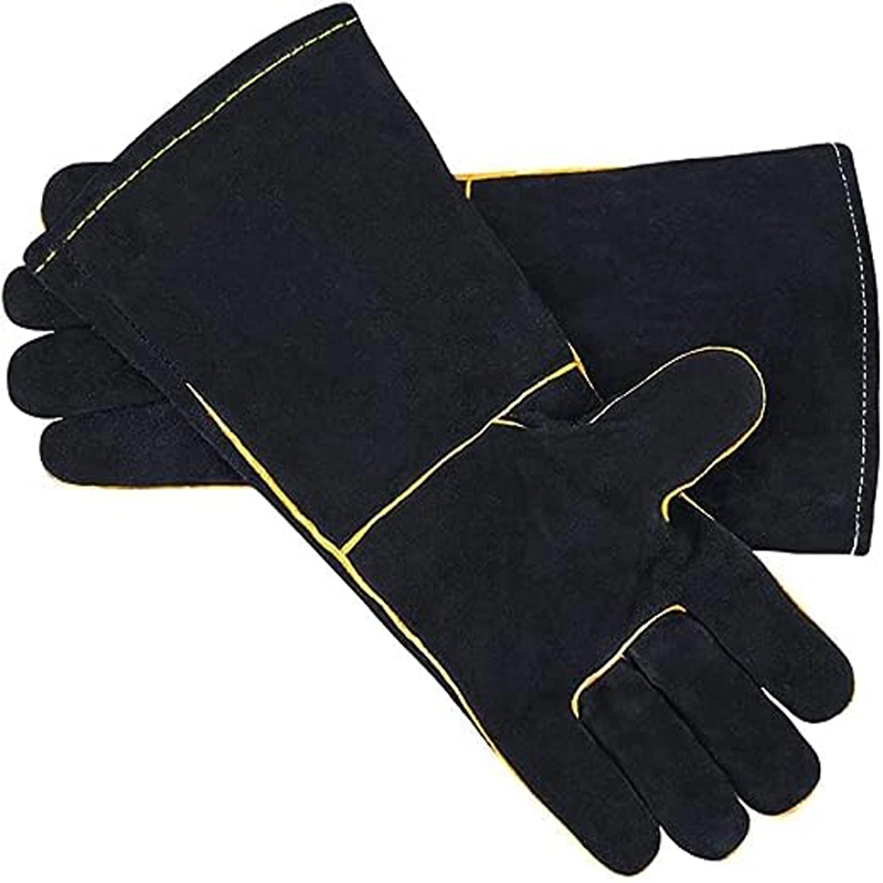 Black Leather Forge Welding Gloves,Heat/Fire Resistant,Mitts for TIG,MIG,BBQ,Oven,Grill,Fireplace,Baking,Furnace,Stove,Pot Holder,Welder,Animal Handling Glove