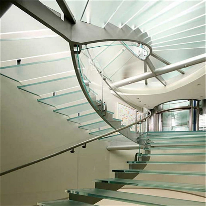 Australia Style High End Interior Wood Steel Curved Staircase with Glass Railing