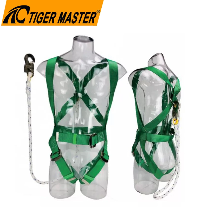CE Verified Green Polyester Webbing Anti Falling Protection Full Body Safety Harness Belt with Shock Absorbing Lanyard