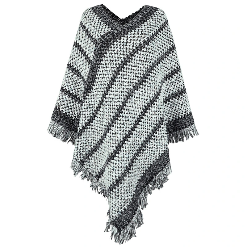 Autumn and Winter New Contrasting Stripes European and American Cross-Border Ethnic Style Tassel Pullover Cape Shawl Women Sweater