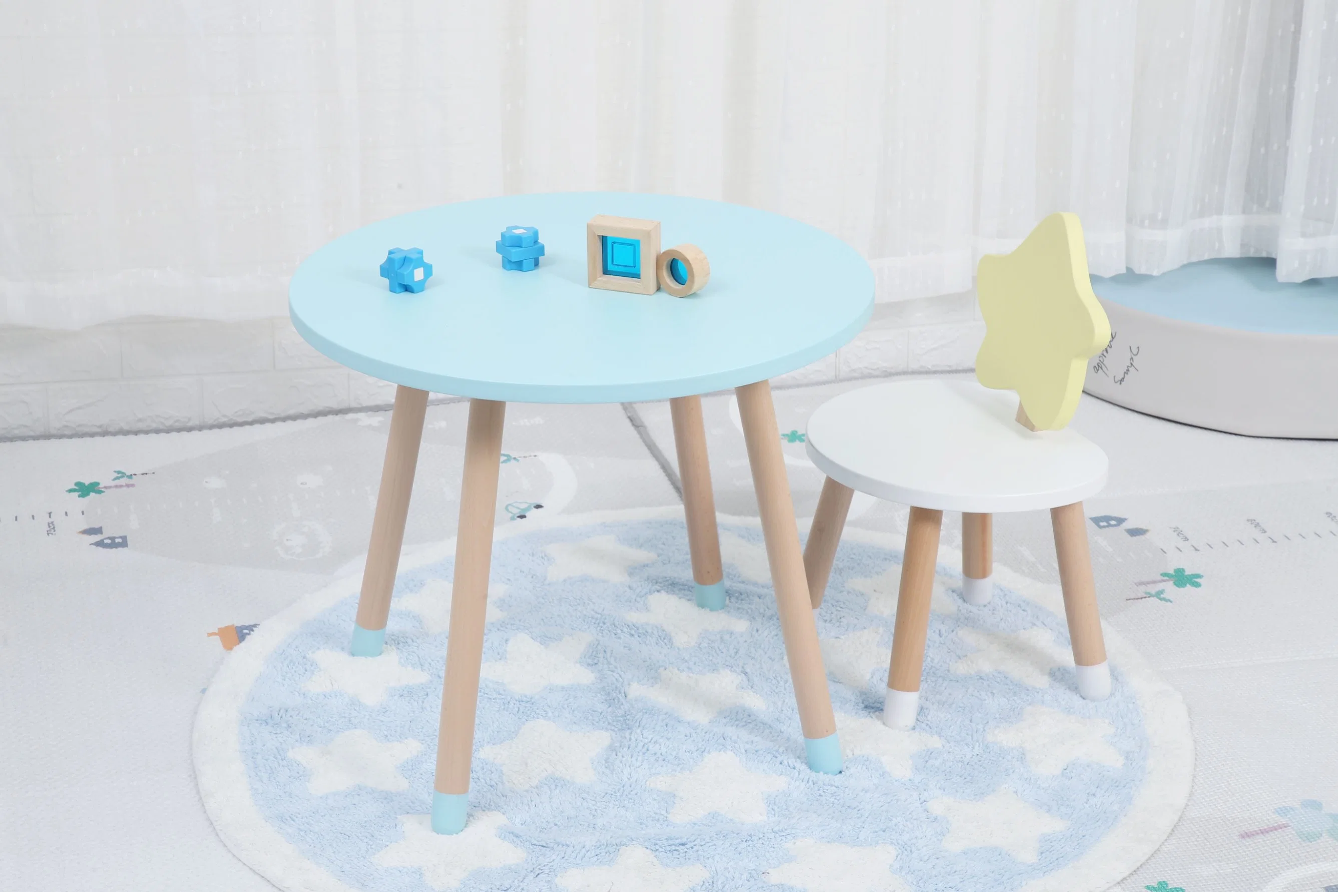 Cute Wooden Ocean Kids Moon Table and Star Chair Toddler Kindergarten Furniture Set