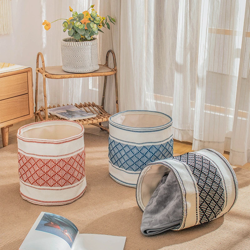 Nordic Jacquard Cotton Woven Storage Basket, Plain Collapsible Laundry Bag for Home Decoration