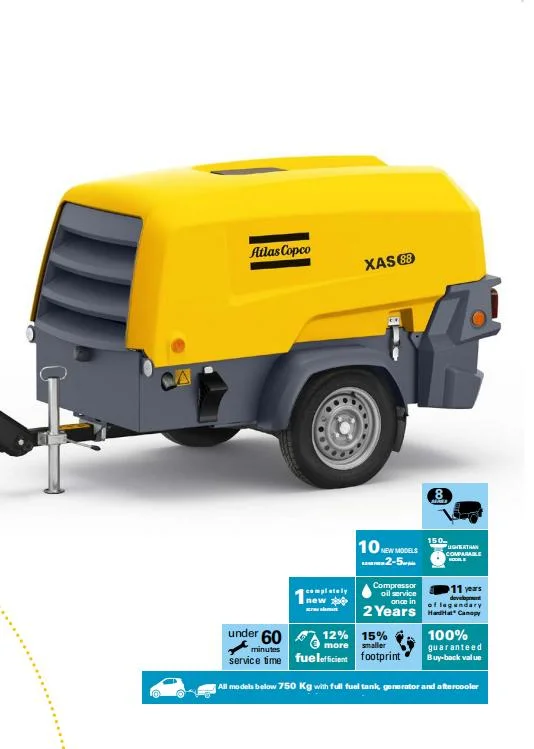 Atlas Copco Towable Compressord Xas38kd 7bar 70cfm 14,9kw Kubota Motor Atlas Copco-Druckluftkompressor Mit Schraubverschluss