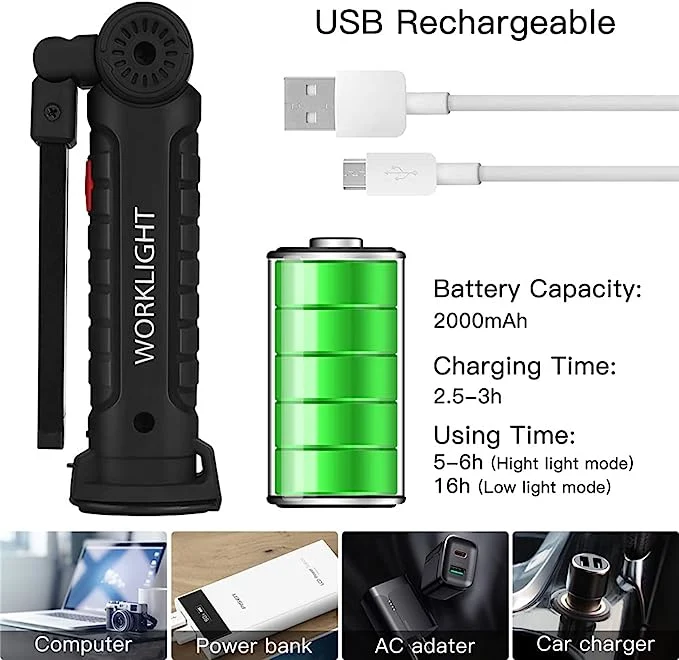 Luzes de trabalho LED USB, base magnética de luz COB recarregável 360 Graus, rodar 5 modos luz intermitente de inspecção luz mecânica de dobra