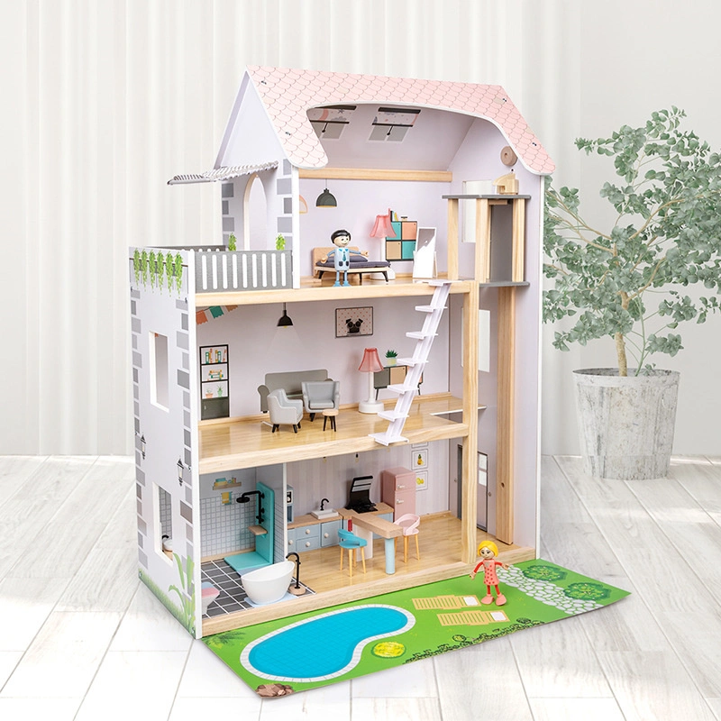 Children Simulation Pretend Wooden Doll House Kids Role Play Toy Three Layer Wooden Villa Baby Educational Wooden Toys