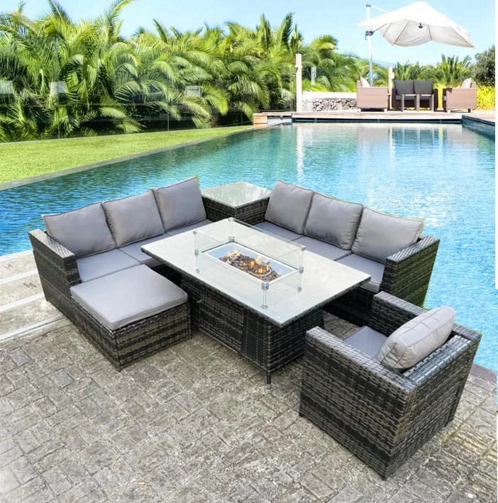 Outdoor Patio Rattan Garden 8-Seater Fire Pit Dining Set Furniture