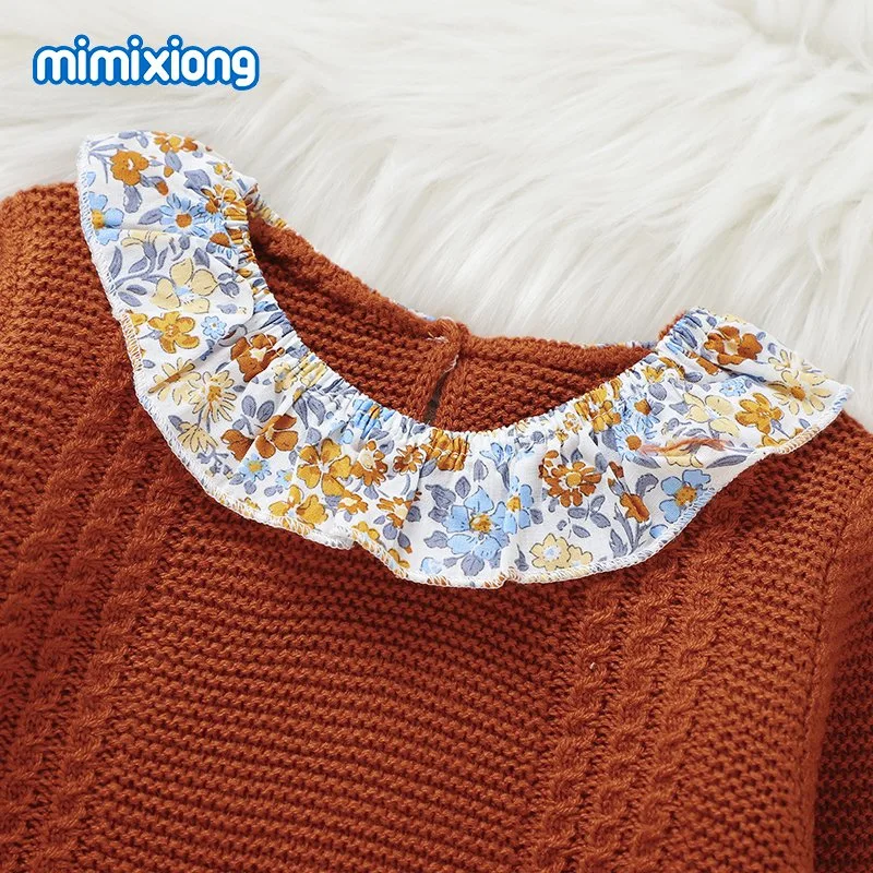 Mimixiong Wholesale/Supplier Infant Baby Clothing Soft Warm Flowers Pattern Baby Knitted Pullover Sweater and Pants Sets for Girls