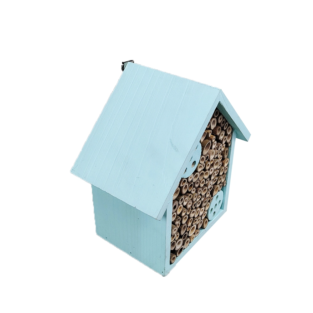 Custom Color Soild Wood House Shape Blue Wooden Insect Hotel with Bamboo Tubes