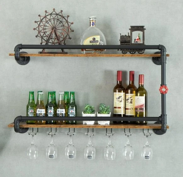 Wine Rack Wall Mounted 2 Tier Hanging Floating Bar with Glass Holder Storage Industrial Rustic for Farmhouse Kitchen Decor