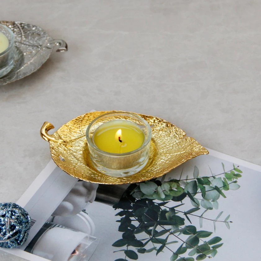 Tabela de ouro e prata em forma de folha de vento natural nórdico Topo suporte para velas decorativas