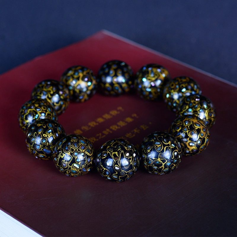 Lacquer Beads Full of Mother Pearl Blackgold Buddhist Beads Bracelet Technology