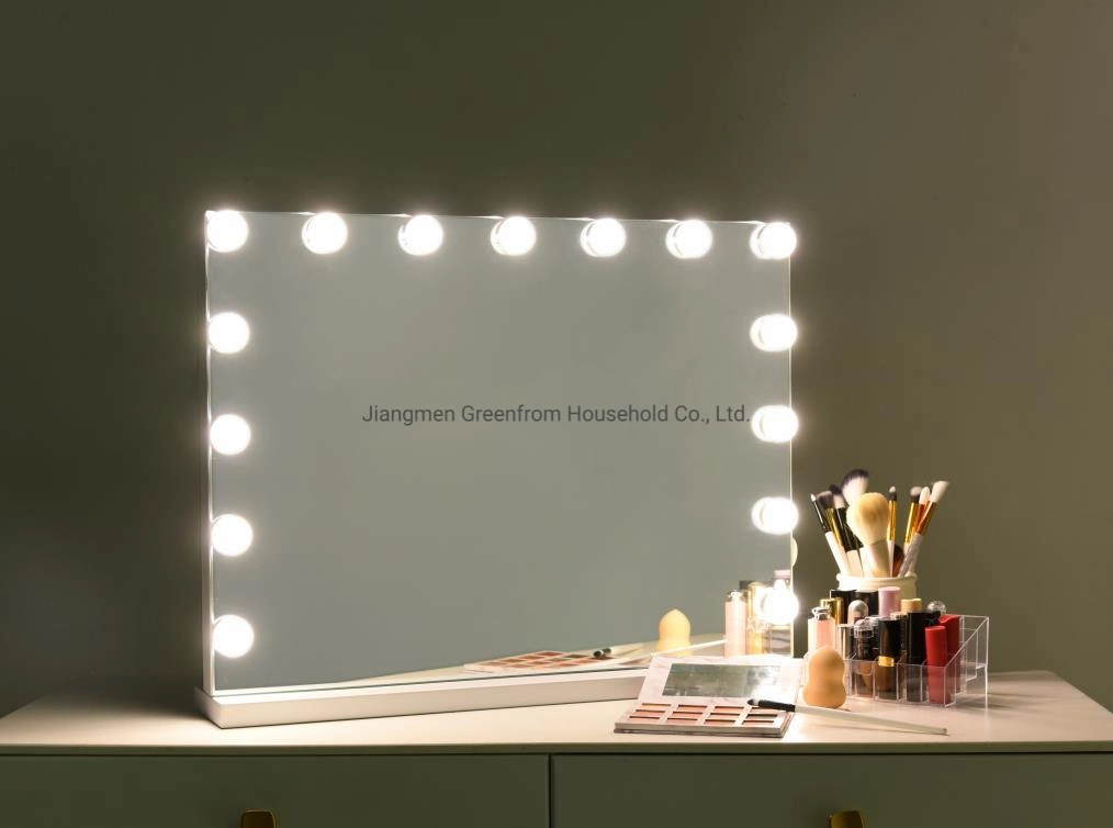 Square Shape Beauty Large Makeup Vanity Lighted Hollywood Decorative Mirror with LED Bulbs and MDF Base