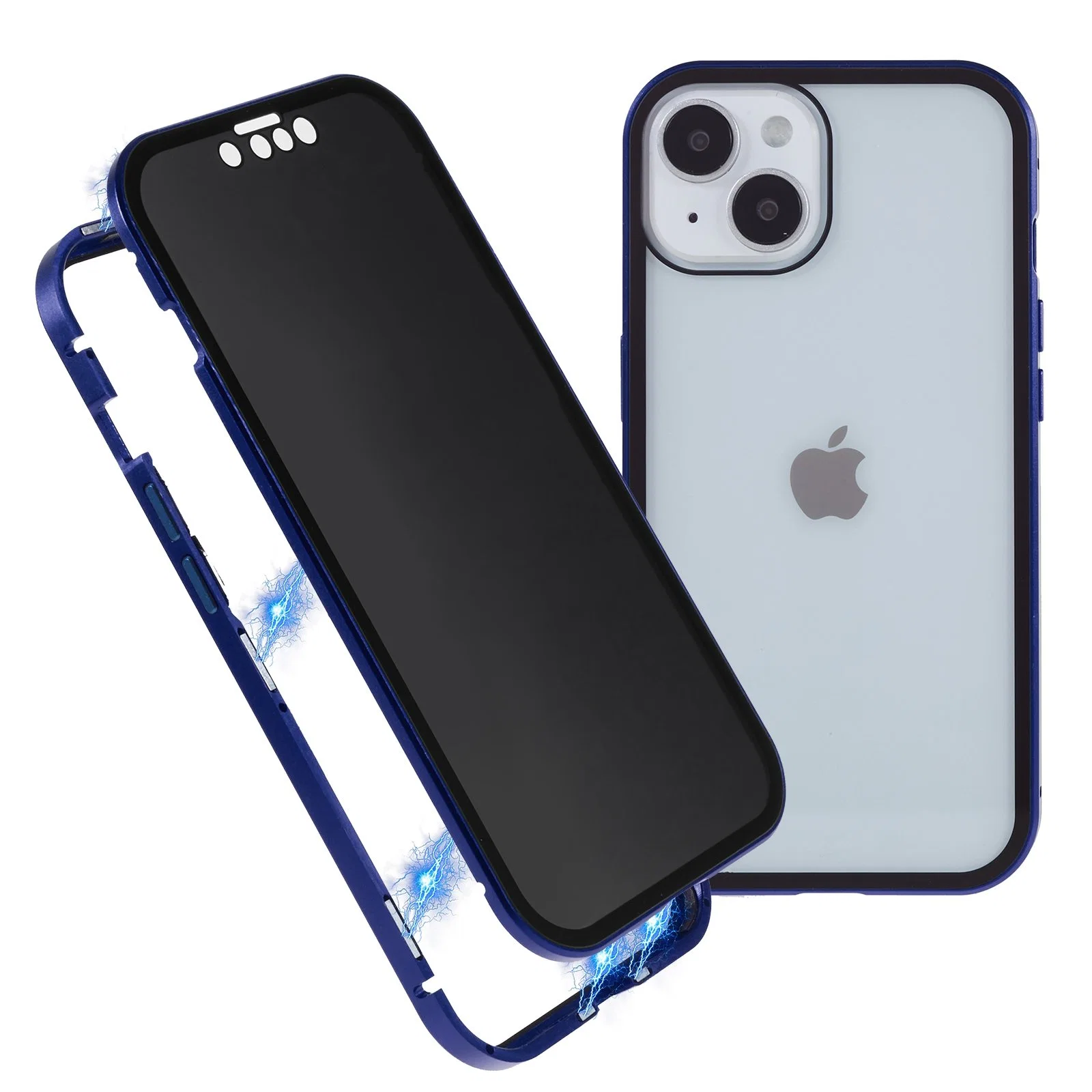 Para el iPhone 14 Anti-Spy caso Teléfono + bastidor de metal magnéticos de cristal templado de doble cara cubierta de protección plena de color azul oscuro.