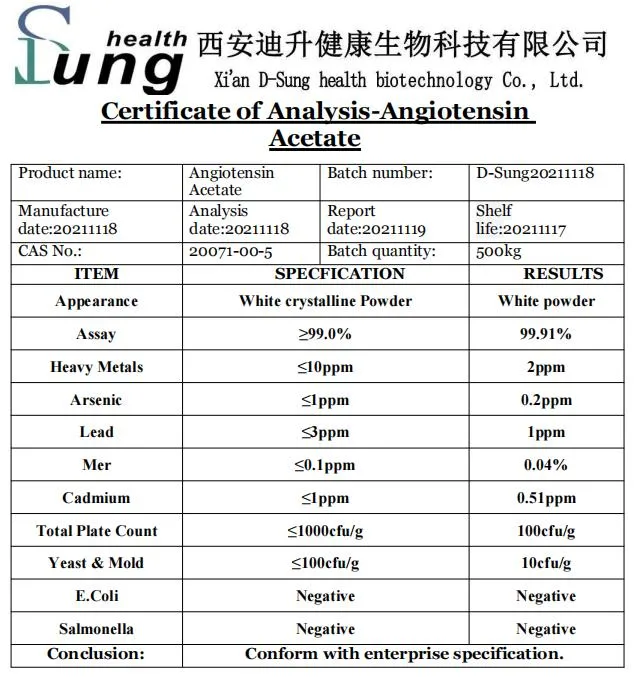 99% Purity CAS 20071-00-5 Angiotensin Acetate Peptides Angiotensin Acetate Powder Purity Angiotensin Acetate